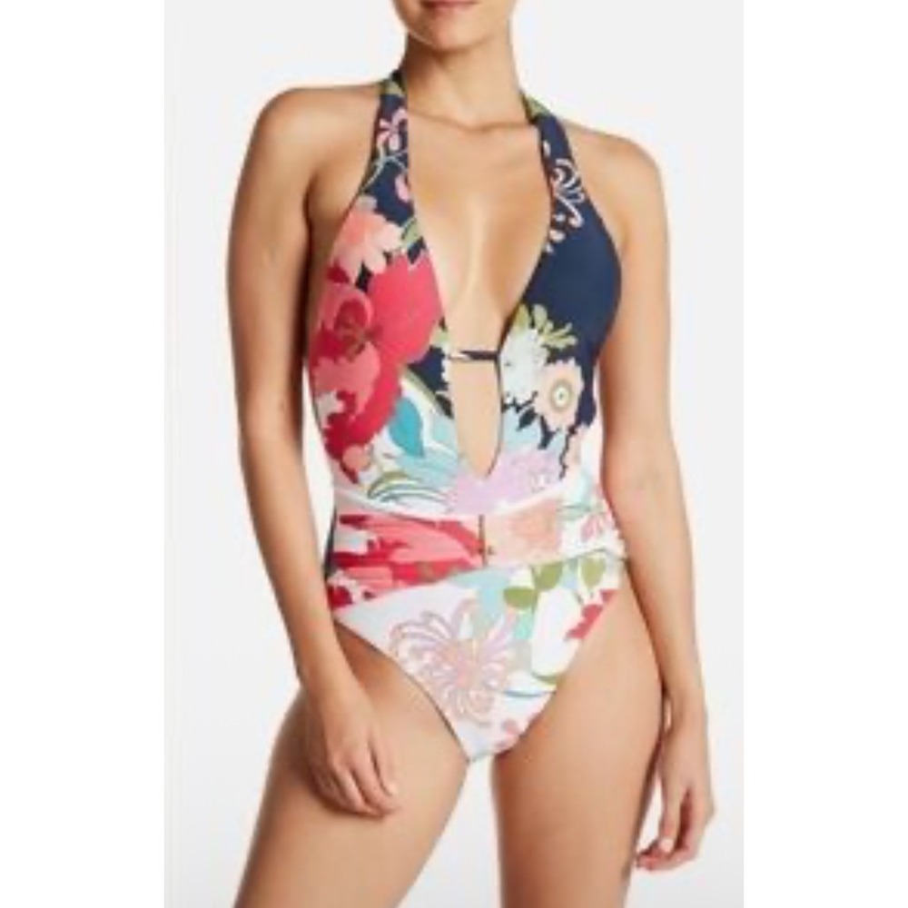 Trina Turk Royal Botanical One Piece Swimsuit Navy Pink Plunge